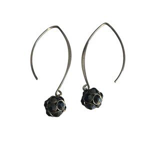Gunmetal Modern Hoop Earrings Black Glass Faceted Rhinestone Bead Bauble 2.25"